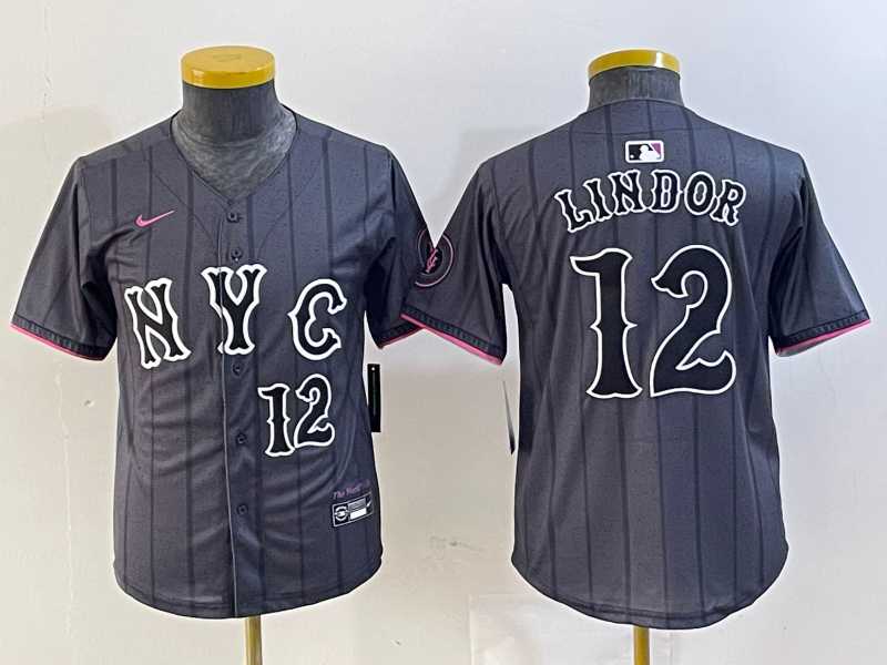 Youth New York Mets #12 Francisco Lindor Number Grey 2024 City Connect Cool Base Stitched Jersey->mlb youth jerseys->MLB Jersey